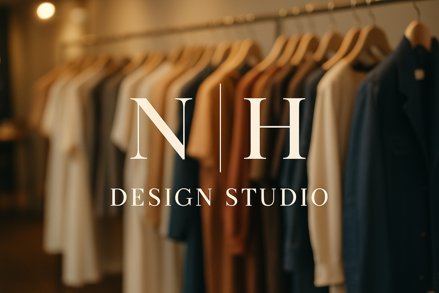 a blurred background of clothes on hangers and in letters it should say "N|H Design Studio"